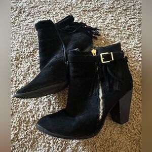 Black Suede fringe Ankle Boots with Gold Accents